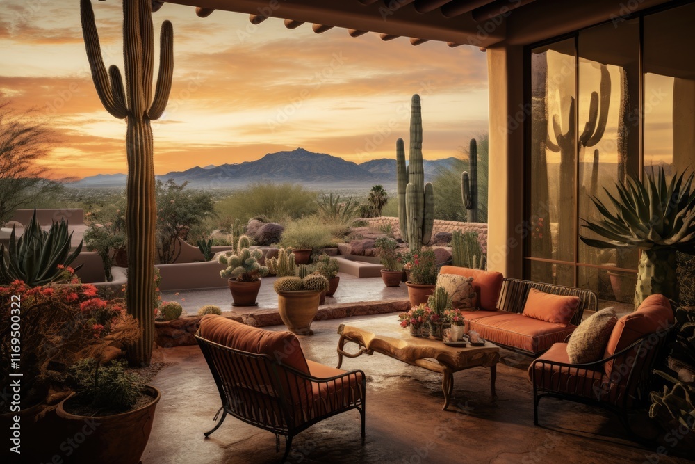 Fototapeta premium Arizona Patio at Sunset: A Beautiful and Glamorous Outdoor Setting for Casual Summer Attire Amidst the Light of Cactus
