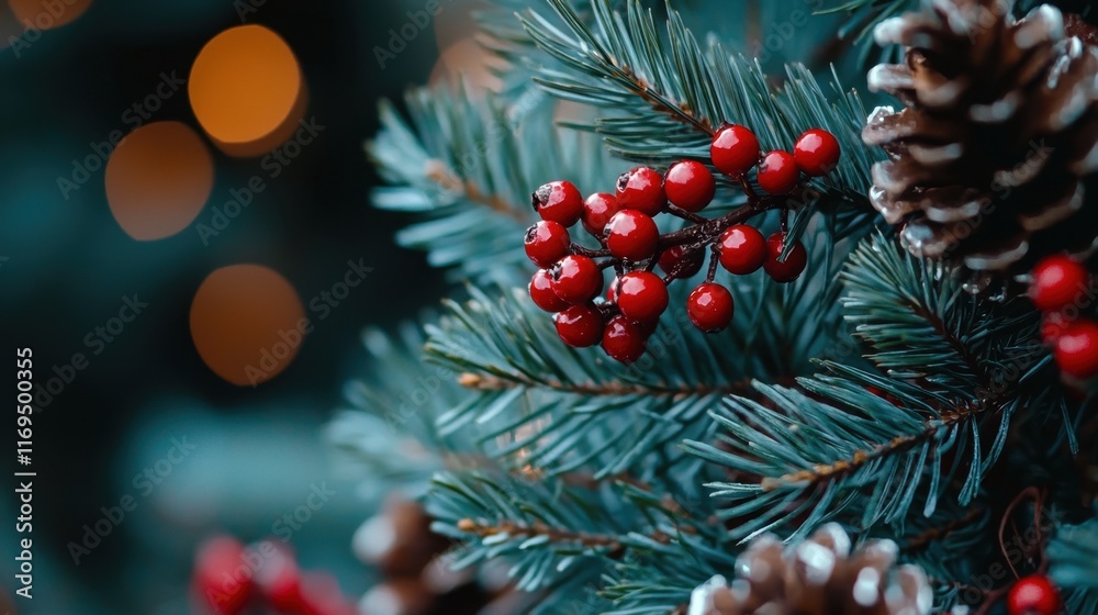 A tree with red berries and pine cones A tree with red berries and pine cones
