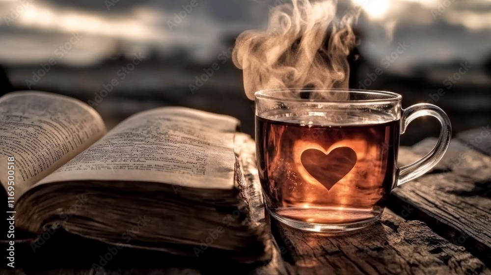 Warm cup of tea with steam forming a heart beside an open book on a wooden table with a stormy sky view Warm cup of tea with steam forming a heart beside an open book on a wooden table with a stormy sky view