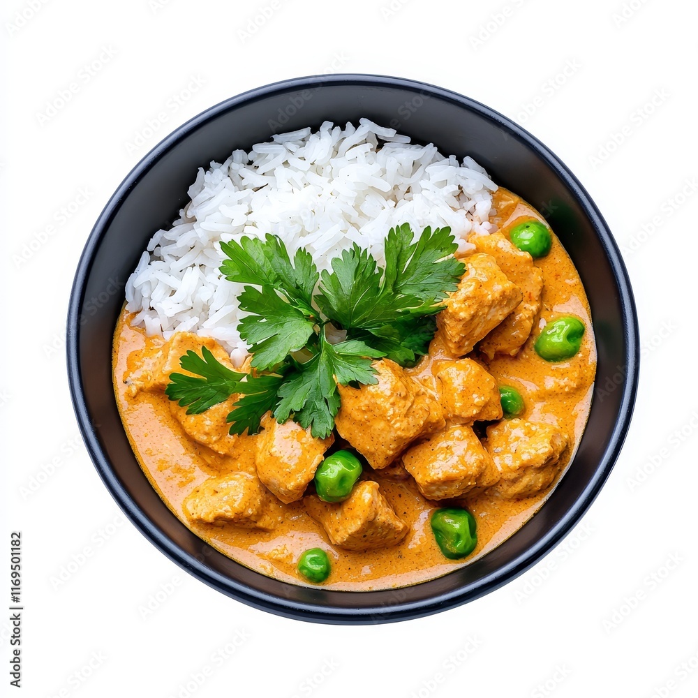 A delectable serving of Indian Chicken Korma Curry and Rice, set against a transparent background. A delectable serving of Indian Chicken Korma Curry and Rice, set against a transparent background.