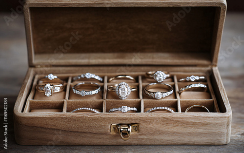 Organized Jewelry Box with Rings and Earrings Displayed in Individual Compartments, Showcasing Luxury, Elegance, and Fine Accessories photo