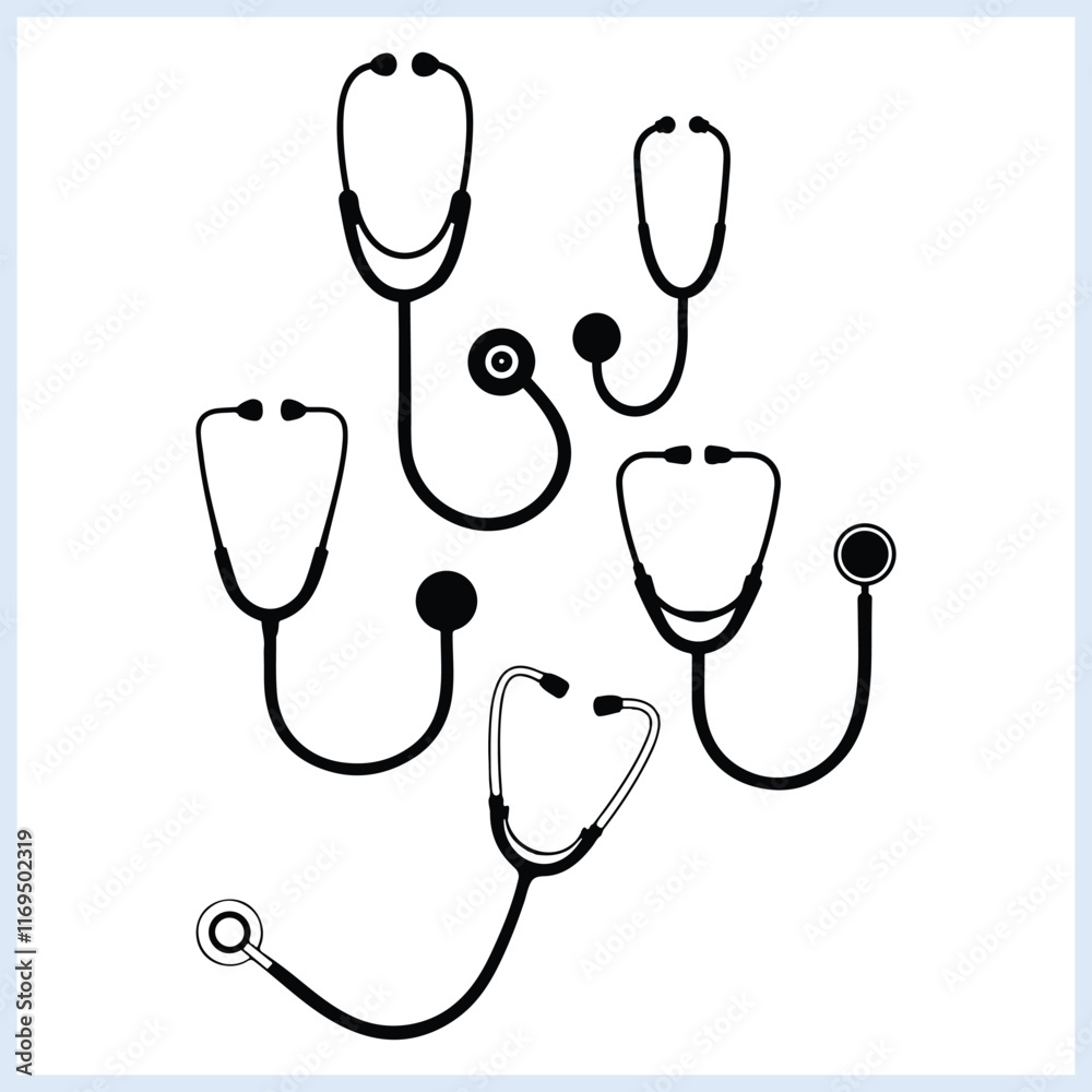 Stethoscope silhouette, set of doctors' stethoscope vector illustration, Health and Medical icon
Stethoscope silhouette, set of doctors' stethoscope vector illustration, Health and Medical icon