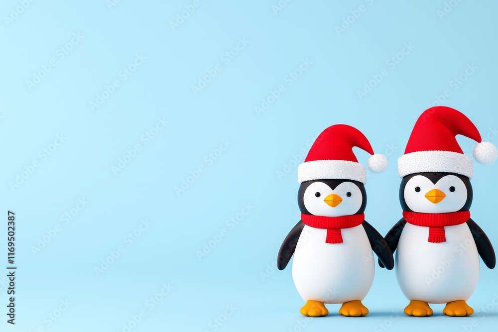 Adorable cartoon drawing of penguins in Santa hats set against a snowy backdrop. Adorable cartoon drawing of penguins in Santa hats set against a snowy backdrop.