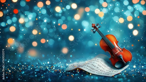 Wallpaper Mural   A violin rests atop paper on a blue backdrop with lights surrounding it Torontodigital.ca