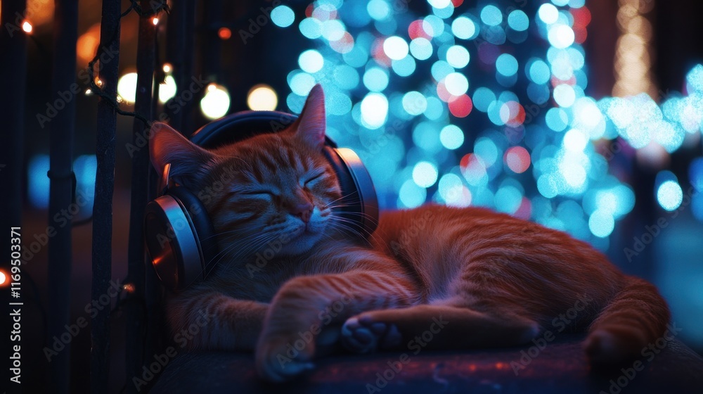 Obraz premium Ginger Cat with Headphones in a Festive Night