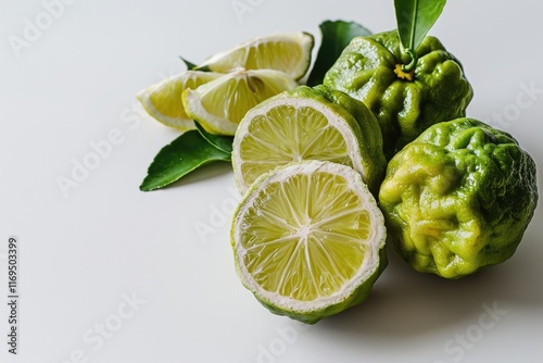 Bergamot Slices: Fresh Citrus Fruit and Aromatic Thai Herb on White Background photo