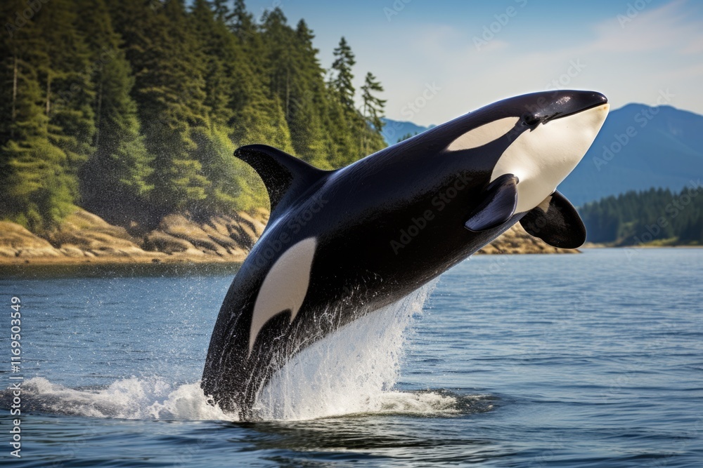 Obraz premium Bigg's Orca Whale Jumping in Vancouver Island's Coastal Waters, Canada