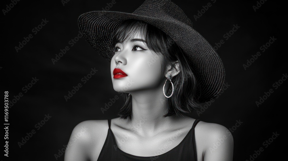 Monochromatic Elegance: A Woman in a Wide-Brimmed Hat Monochromatic Elegance: A Woman in a Wide-Brimmed Hat