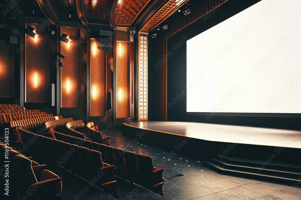 Naklejka premium Blank Screen Stage: Modern Auditorium Interior with 3D Rendering