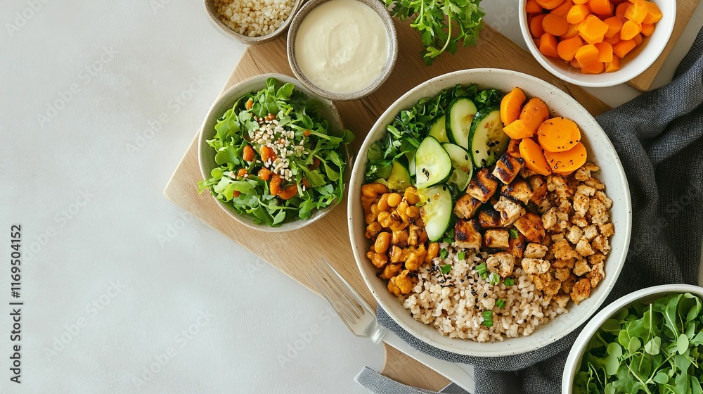 Nutritious grain bowl with vegetables, tofu, and greens. Nutritious grain bowl with vegetables, tofu, and greens.