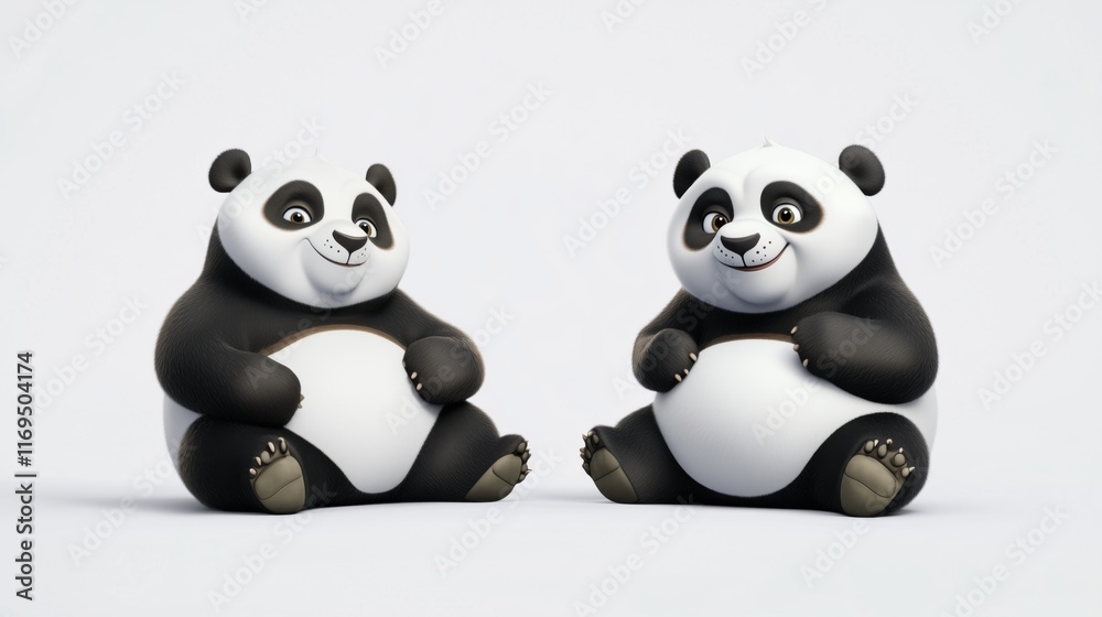 Fototapeta premium Cute cartoon pandas sitting together, showcasing their playful nature in a light background environment for joyful vibes