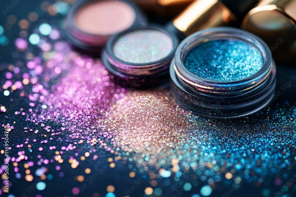 Sparkling glitter, colorful containers, cosmetic shimmer. Sparkling glitter, colorful containers, cosmetic shimmer.