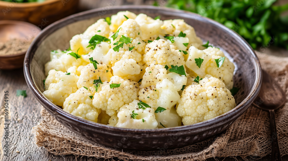 Bowl of steamed cauliflower garnished with fresh parsley and black pepper, placed on a rustic wooden table Bowl of steamed cauliflower garnished with fresh parsley and black pepper, placed on a rustic wooden table