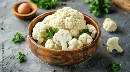 Fresh cauliflower florets in a wooden bowl with parsley on a rustic gray background photo