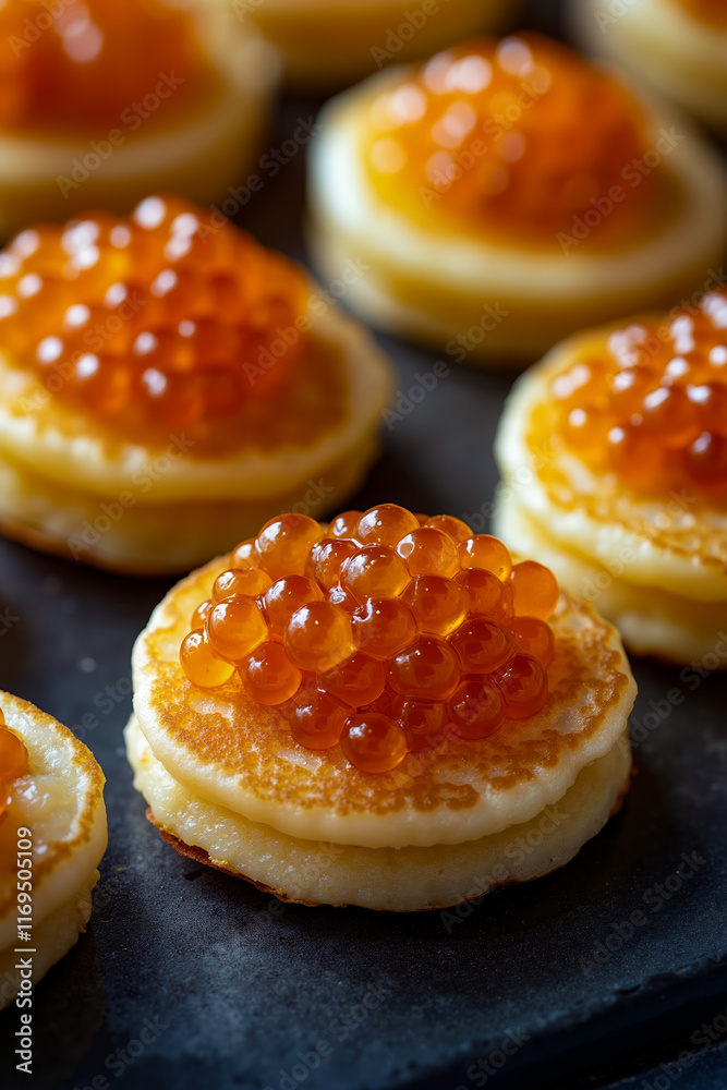 A close up of a plate of pancakes topped with red caviar A close up of a plate of pancakes topped with red caviar