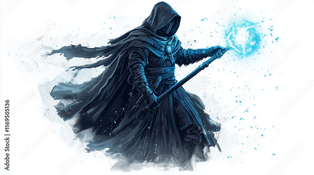 Fototapeta premium Hooded sorcerer wielding a glowing magical staff, surrounded by an icy aura and swirling blue energy effects