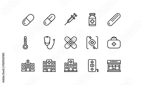 Pharmacy icons set. set of pharmacy outline icons such as medical