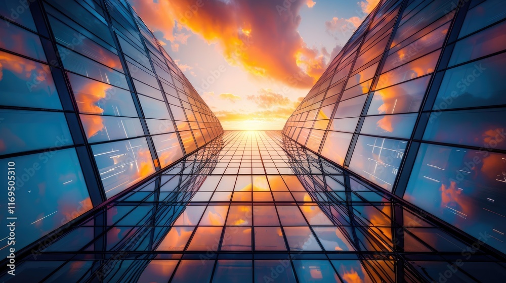 A modern skyscraper with glass windows reflecting the vibrant sky at sunset, symbolizing innovation and business success. Ideal for corporate offices, urban development, and architectural inspiration A modern skyscraper with glass windows reflecting the vibrant sky at sunset, symbolizing innovation and business success. Ideal for corporate offices, urban development, and architectural inspiration