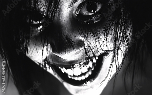 Terrifying Sinister Face with Sharp Teeth and Menacing Expression, Highlighting Eerie Makeup and Dark Horror Elements photo