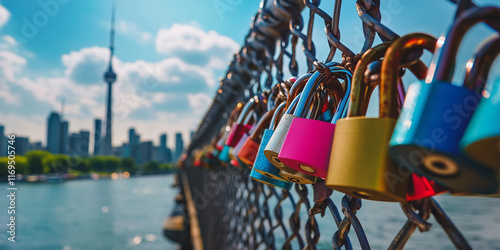 A close-up of colorful love locks attached to a bridge 