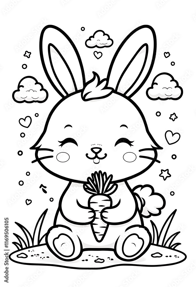 Obraz premium Cute Cartoon Bunny with Carrot Coloring Page for Kids