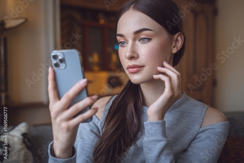 Attraktive junge Frau mit glatten dunklen Haaren schaut auf ihr Smartphone photo