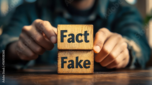 Fact or Fake Concept with Hand Flipping Wooden Cubes Highlighting Truth and Deception for April Fools Day, Conceptual Image for Misinformation, Fake News, and Social Media Concerns