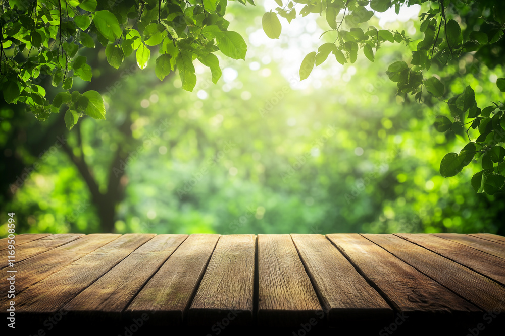 Rustic wooden table against a blurry green background with trees Rustic wooden table against a blurry green background with trees