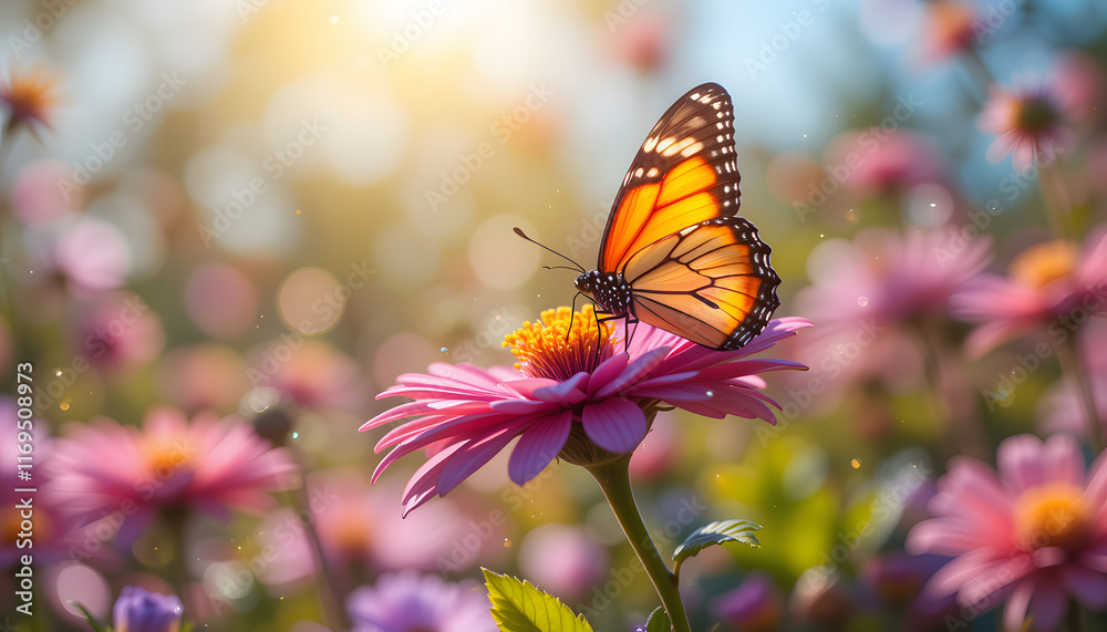 Naklejka premium A butterfly rests on a vibrant flower, sparkling in the warm sunlight of a tranquil garden full of beauty. Hello spring 