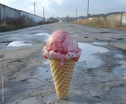 strawberry ice cream A hand holds a delicious chocolate ice cream cone with a crispy wafer, a perfect summer refreshment, An Ice Cream on the Side of the Road – A Comparative Illustration photo