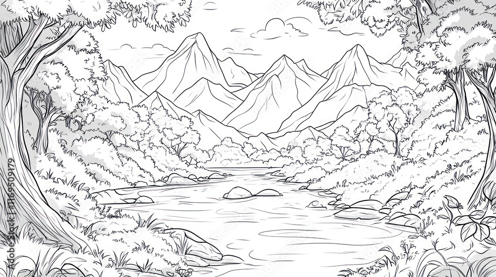 Serene River Scene Amidst Lush Forest and Majestic Mountains Serene River Scene Amidst Lush Forest and Majestic Mountains