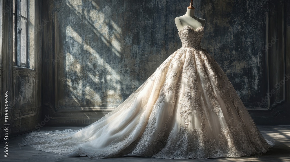 National Lace Day Elegant wedding gown on mannequin in sunlit vintage room setting National Lace Day Elegant wedding gown on mannequin in sunlit vintage room setting