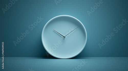 Minimalist clock on blue wall, time management concept.