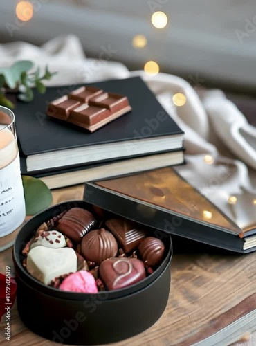 An elegant setting with a box of assorted luxury chocolates, a lit candle, and stacked books, complemented by soft bokeh lights, creating a cozy and indulgent ambiance.