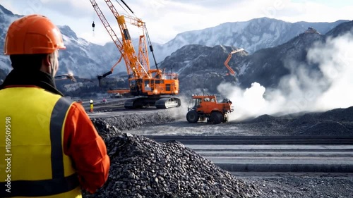 Construction worker in safety vest and hardhat observing mining site with cranes. Industrial development content