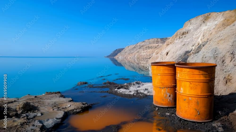 Orange oil barrels near blue water with white cliffs. Ocean pollution and waste disposal news content Orange oil barrels near blue water with white cliffs. Ocean pollution and waste disposal news content