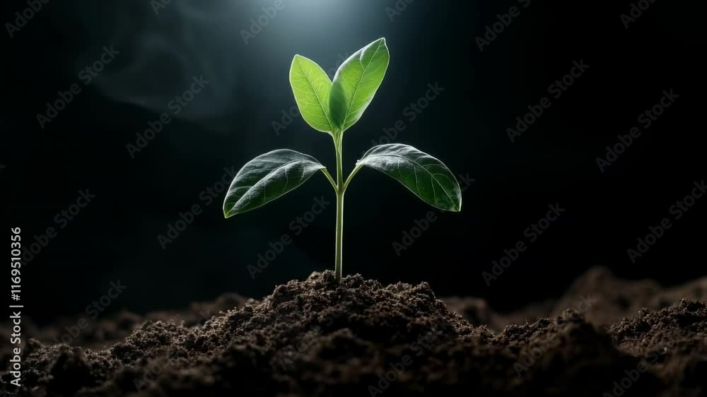 Young green plant sprout growing in soil against dark background. Environment protection content