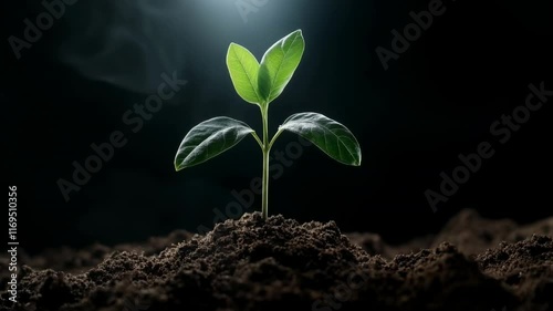 Young green plant sprout growing in soil against dark background. Environment protection content