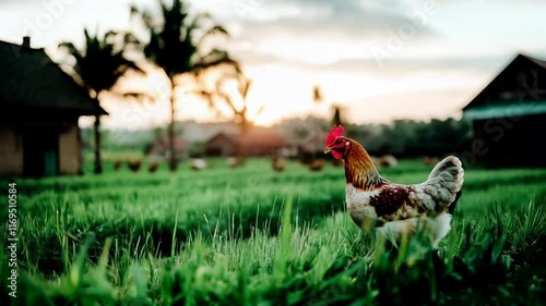 Rooster in grass field near wooden house at sunrise. Farm life content
