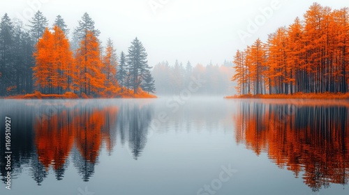 Misty autumn lake reflecting vibrant foliage and foggy forest.