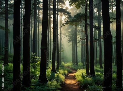 morning in the forest,Illustration of a forest with very tall trees