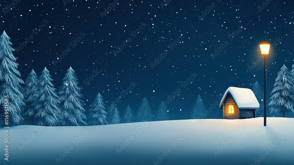 Fototapeta premium Snowy cabin under starry sky with streetlights in distance