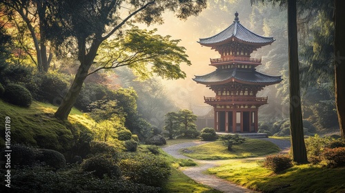 Serene Asian Pagoda Surrounded by Lush Greenery in a Tranquil Landscape