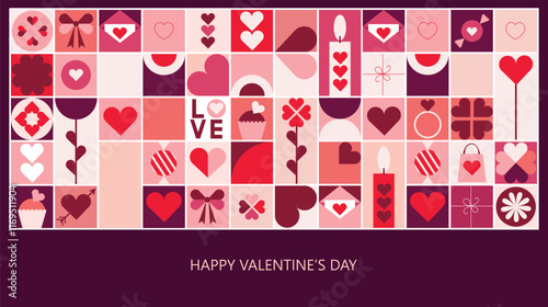 Valentine's Day banner, poster, greeting card with specific elements in flat design
