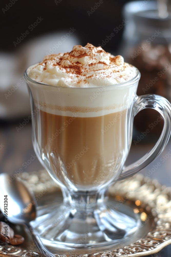 National Cafe au Lait Day Spiced whipped cream coffee in elegant glass mug on vintage tray National Cafe au Lait Day Spiced whipped cream coffee in elegant glass mug on vintage tray