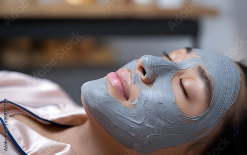 Face mask beauty treatment in salon relaxing. A woman with facemask in spa with pajama.