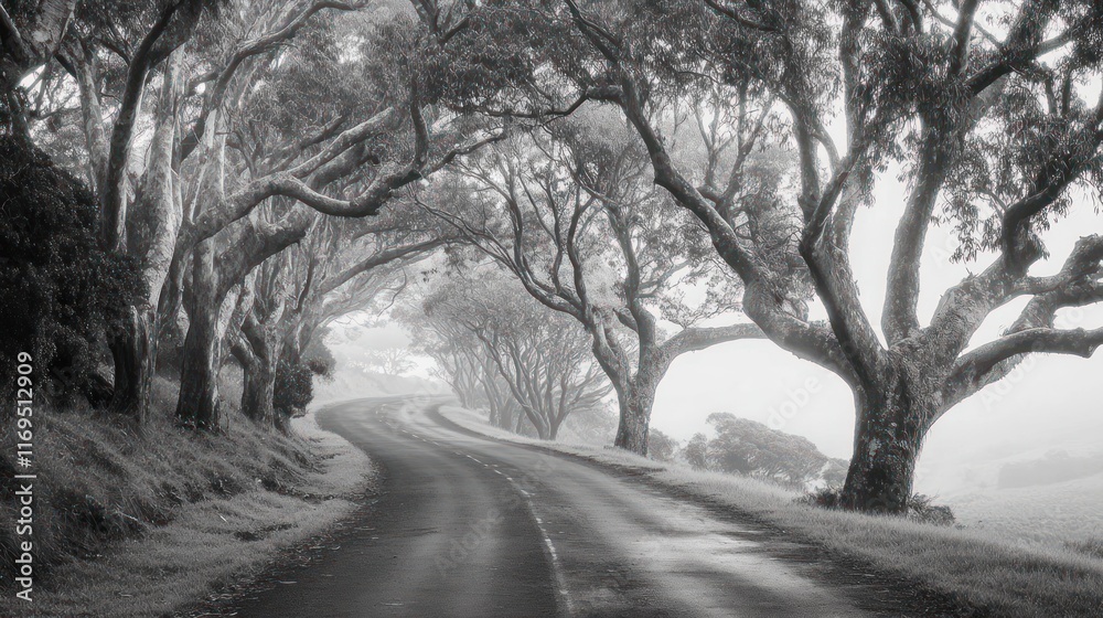 Winding Road Through Foggy Eucalyptus Trees Winding Road Through Foggy Eucalyptus Trees