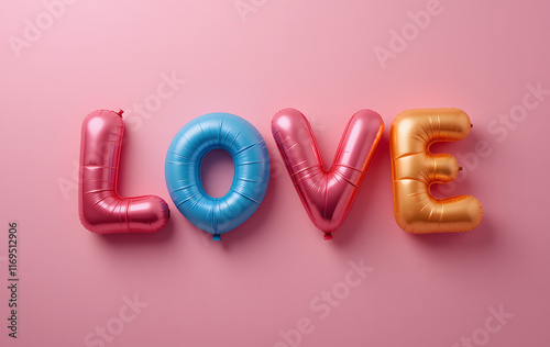 air balloons in shape of word LOVE on pink background  photo