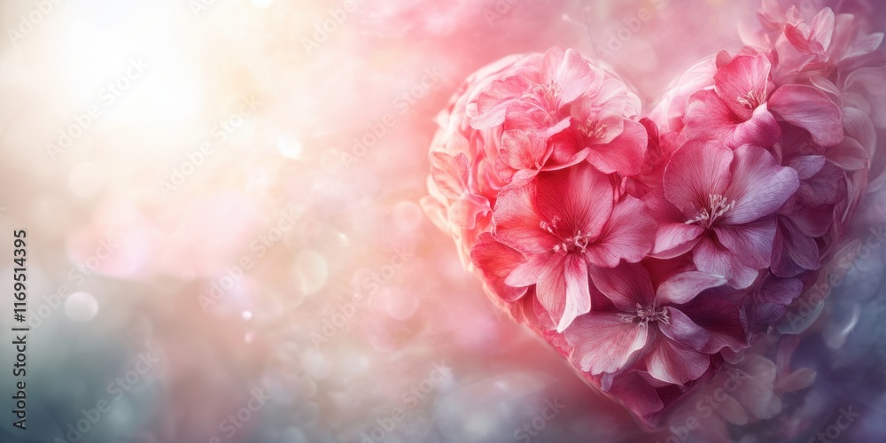 Floral heart design elegantly features vibrant pink to red petals, set against a soft background with gentle lighting that exudes warmth and passion