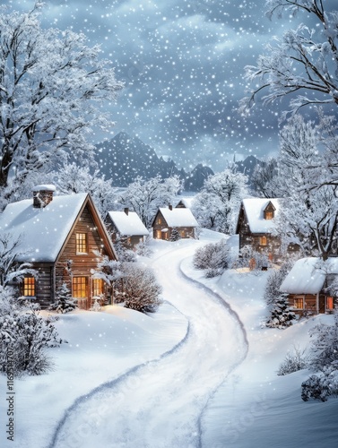 Snowy Village Houses Winter...